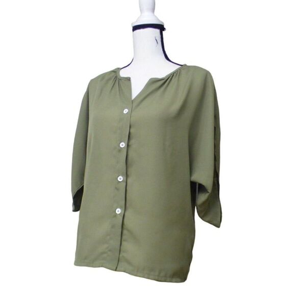 Shein Women’s Button Down Chiffon Blouse,S, Olive - Picture 2 of 8